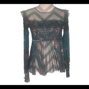 Sheer green floral long sleeve ruffle smocked blouse